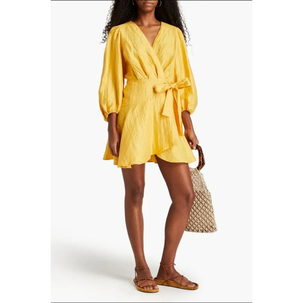 Maje‎ Wrap Dress 36 Small Linen Blend Mini Yellow Balloon Sleeve Crinkled Resort
